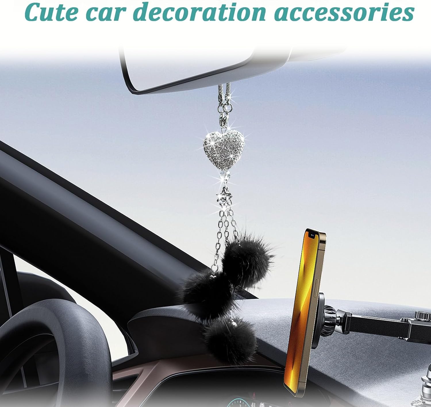 Bling Car Interior Accessories for Women & Girls - Heart & Plush Ball Decor Ornament Pendant, Hanging Decoration Charm (Black) image 5