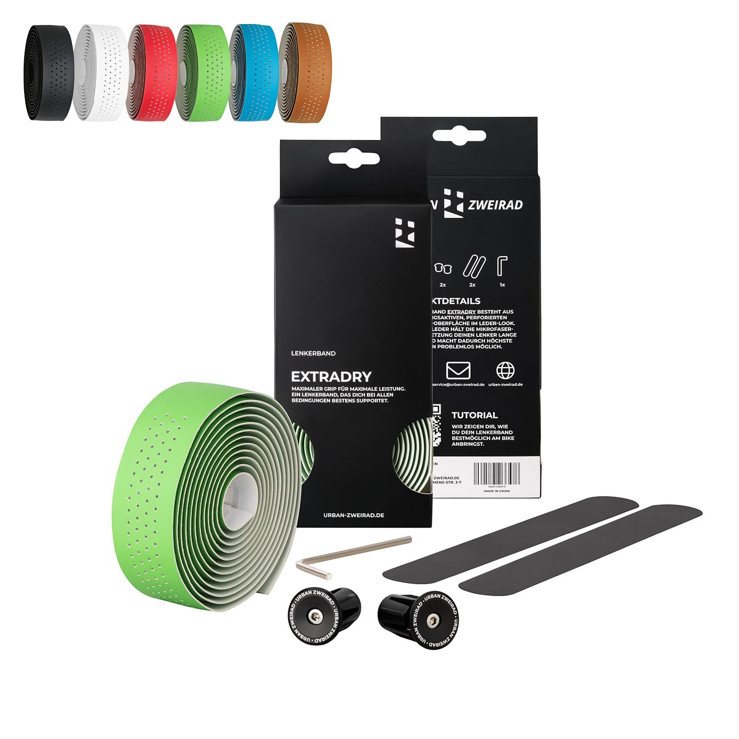 URBAN ZWEIRAD - Nastro per manubrio bicicletta da corsa Extra Dry, nastro autoadesivo con terminali per manubrio in alluminio, nastro per manubrio bici da corsa, bici da gravel (verde)