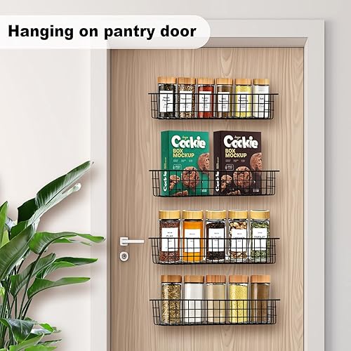 Miniatura 7 de Organizador de especias para montaje en pared, paquete de 2 cestas de almacenamiento de alambre negro para pared o puerta de gabinete en cocina y