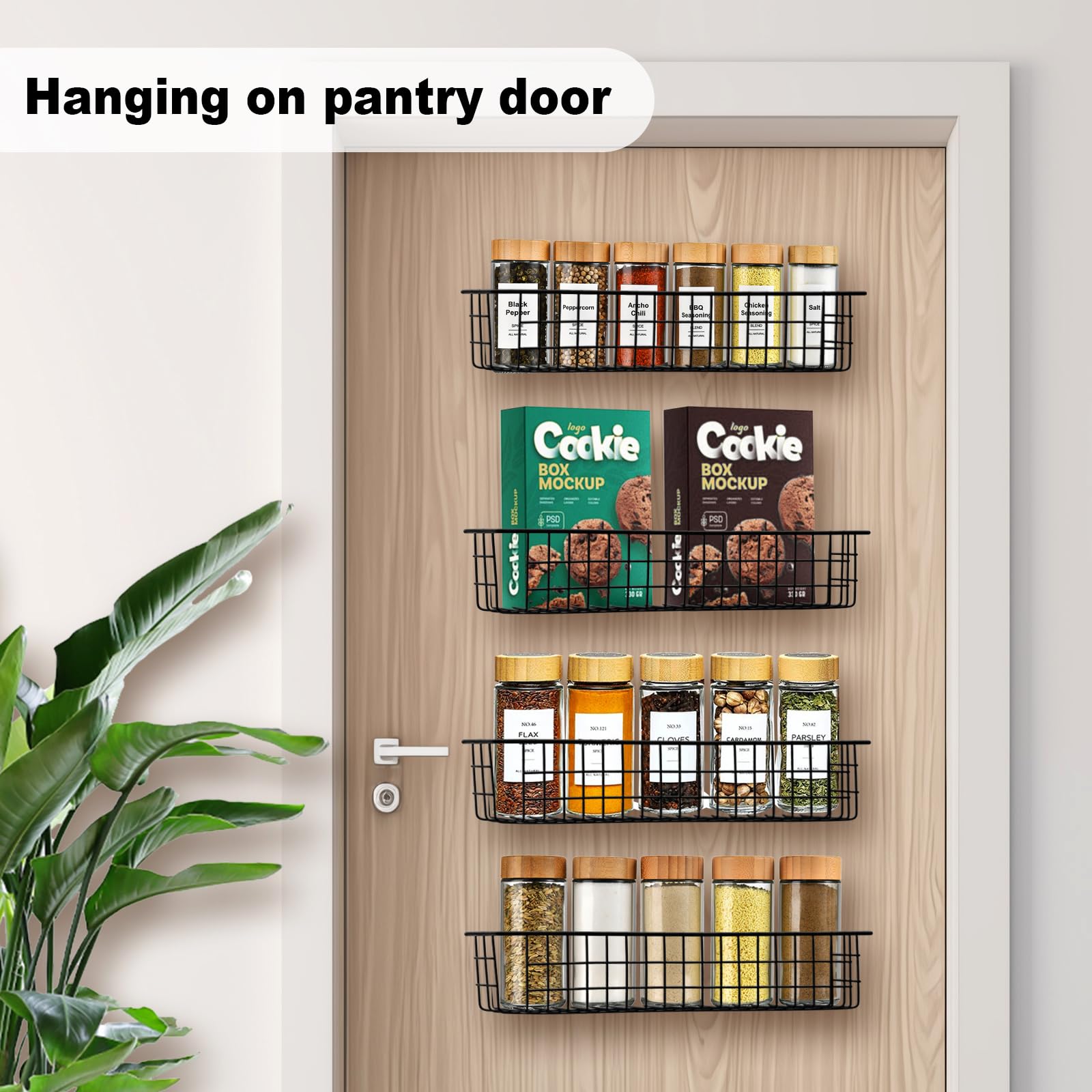 Organizador de especias para pared, paquete de 4 cestas de almacenamiento de alambre negro para pared o puerta de armario en cocina y caravana