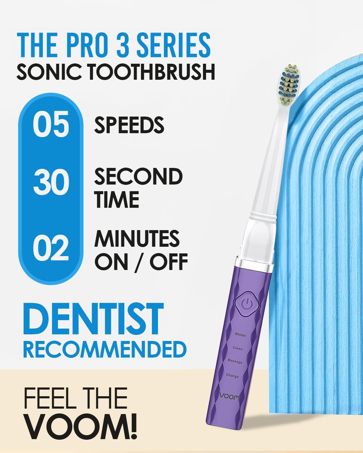 Voom Sonic Pro 3 Spazzolino elettrico ricaricabile con setole morbide in nylon Dupont consigliato dal dentista per l'igiene orale portatile, timer di 2 minuti, 3 velocità regolabili, design leggero