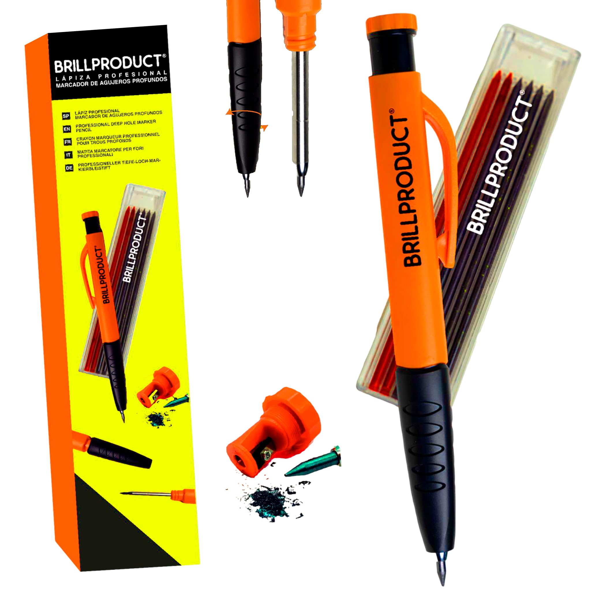 Lápiz Carpintero Profesional 3 en 1 de Alta Visibilidad + 7 Minas de Repuesto (set de Sacapuntas + Punta ergonómica + 7 Mininas) lápices de Obra.