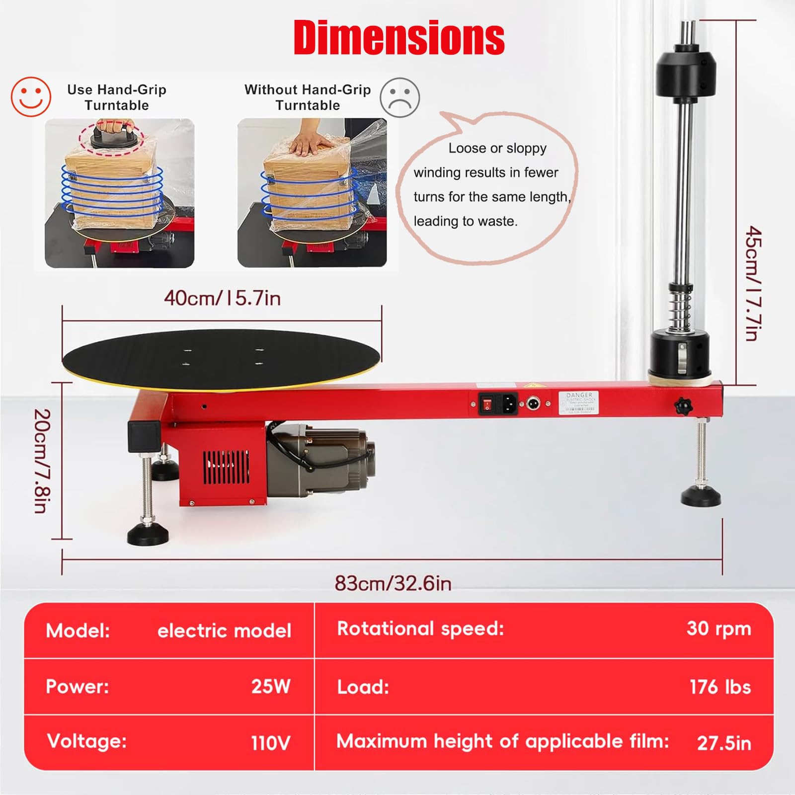 Empacadora con Dispensador De Film Estirable, Plato Giratorio para Palets con Diámetro de 40 Cm, Compatible con Film de hasta 70 Cm de Ancho para Paquetes, Cajas No-stretch-film-220V