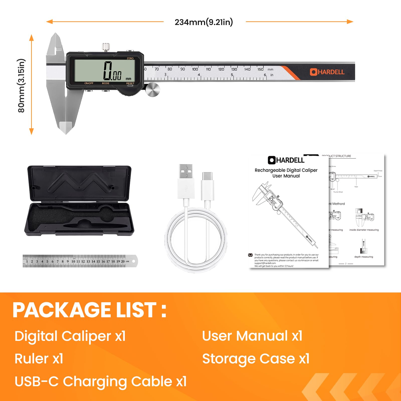 HARDELL Calibrador digital recargable, Pie de Rey Digital de 6 pulgadas con reinicio, herramienta de medición con conversión de mm/pulg/F, apagado automático, micrómetro con pantalla grande