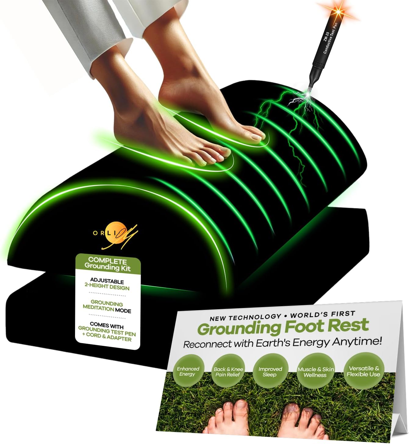 Grounding Foot Rest for Under Desk at Work Mat for feet World's First Grounding Foot Stool with Memory Foam Adjustable Height Back Knee Pain Relief Energy Better Sleep Comfort Gaming Chair Office Home