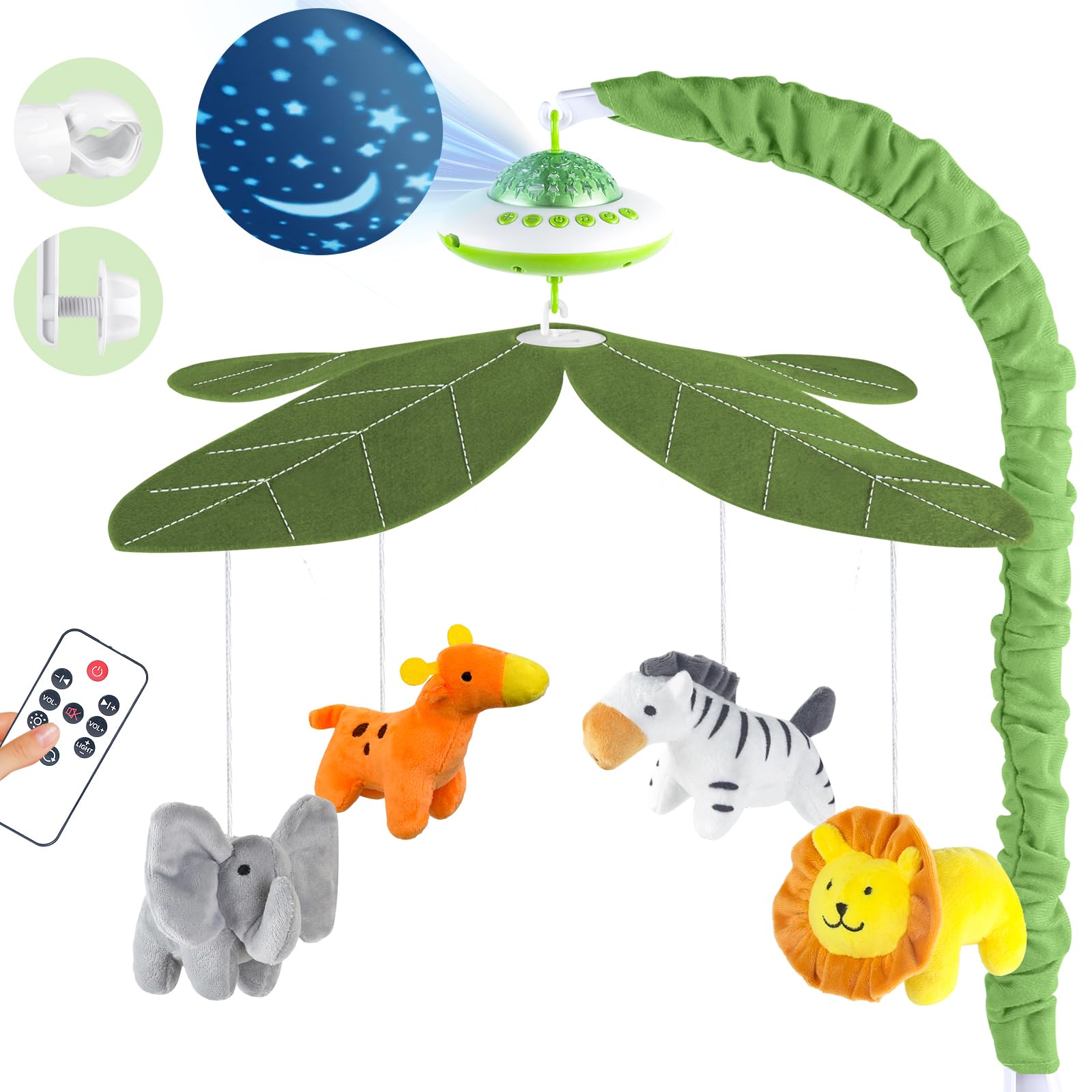 Baby Mobile Babybett, Mobile Baby mit Musik und Projektion, Mobile Wickeltisch Baby Mobiles für Bett, Spieluhr Baby Mädchen Junge, Baby Spielzeug 0 3 6 9 12 Monate Grün