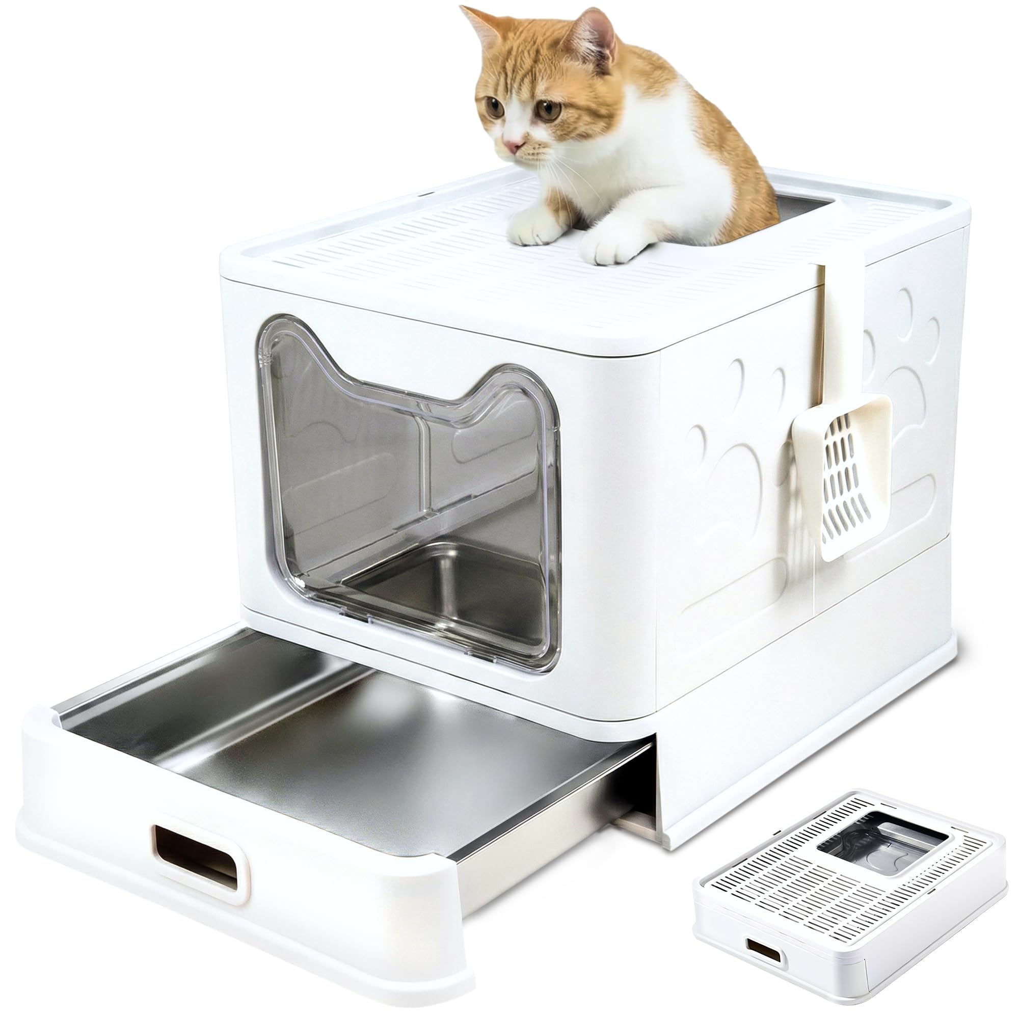 Katzenklo Edelstahl mit Deckel, Faltbare Geschlossene Katzentoilette mit Schublade, Geruchsfrei, Auslaufsicher, Leicht zu Reinigen, Doppelter EIN-/Ausgang, Mit Schaufel, (38,3×51×41 cm) – Weiß