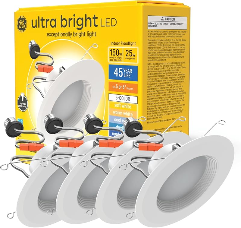 RS6 LED Recessed Downlight, 6-Inch, 150W Replacement, 4-Pack | Dimmable, selectable color temperatures, indoor floodlight, living room recessed lighting, easy install, 4-pack value