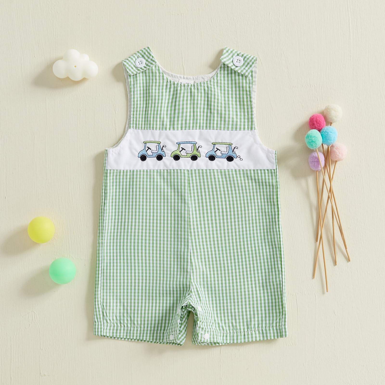Thilsidee Infant Baby Boy Girl Golf Overalls Outfit Sleeveless Plaid Romper Straps Jumpsuit One Piece Playsuit Casual Clothes (A-Green, 6-12 Months)