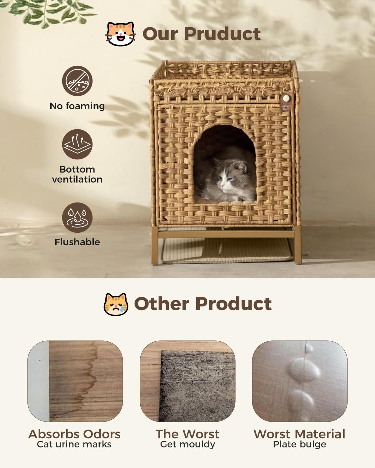Mueble arenero Gatos Casa para Gatos, Muebles Ocultos con Patas de Metal elevadas, casa de ratán Trenzado a Mano con 2 Alfombra arenero Gato, 52 x 47 x 57 cm, Color Natural