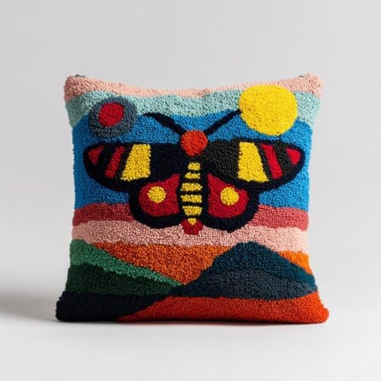 kitphoenix DIY Latch Hook Cushion Kit Moth Night Scenery,Beginner-Friendly Rug Hooking Pillow Kit,Crochet Craft Cushion Cover for Home Decor,43x43 cm-2