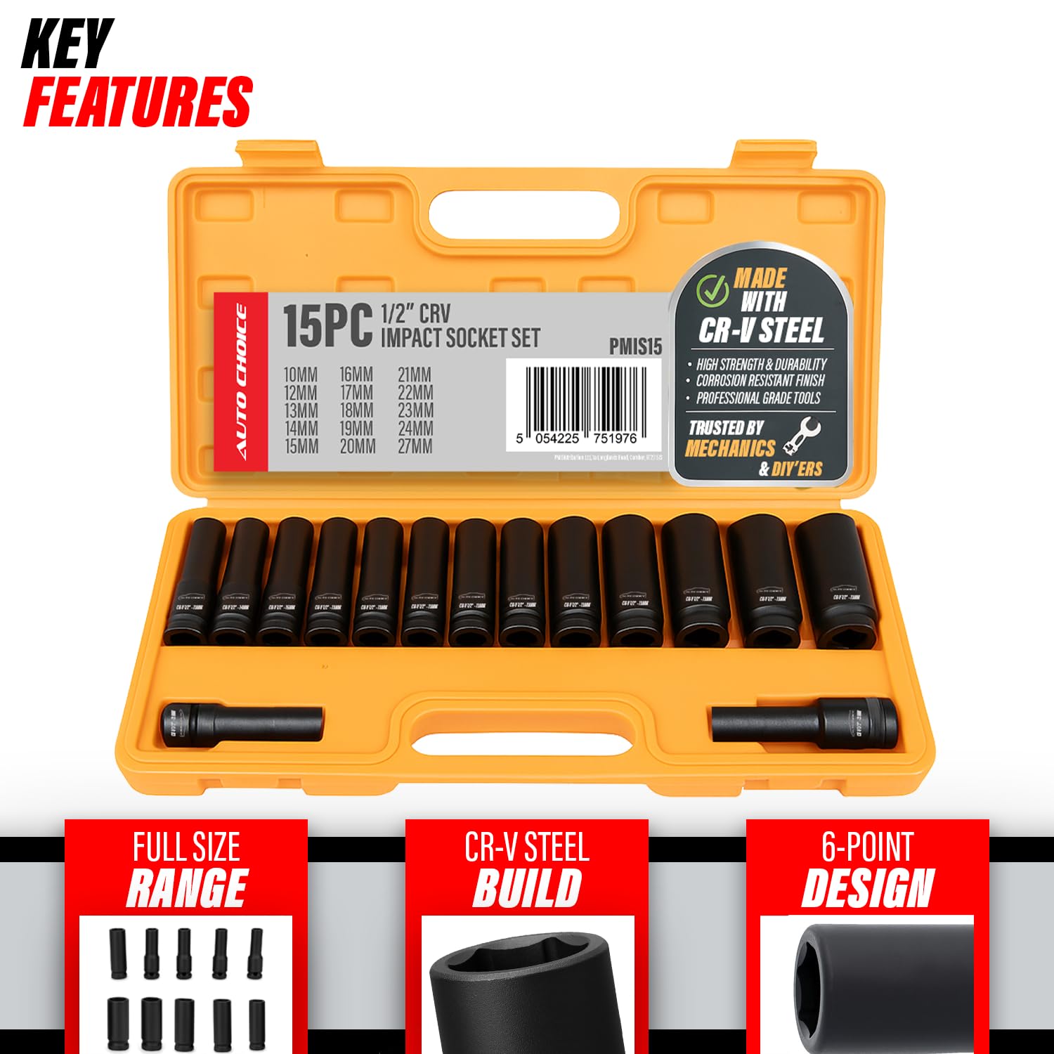Xtremeauto 15pc 1/2" Impact Socket Set, CRV Steel Metric Sockets 10-27mm, 6-Point Design for Impact Wrenches - Image 4