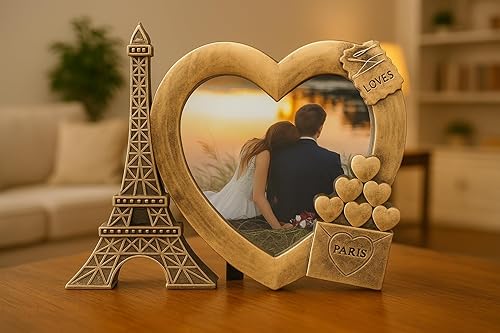 Marco decorativo de fotos con forma de corazón dorado con temática de París 4 "x 4"