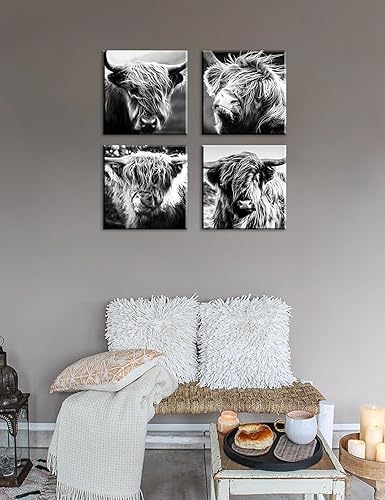 Miniatura 4 de DJSYLIFE Highland Cow Wall Art Farmhouse Decor Canvas Printed Black and White Cow Pictures Wall Decor Modern Western Rustic Artwork Decorations for