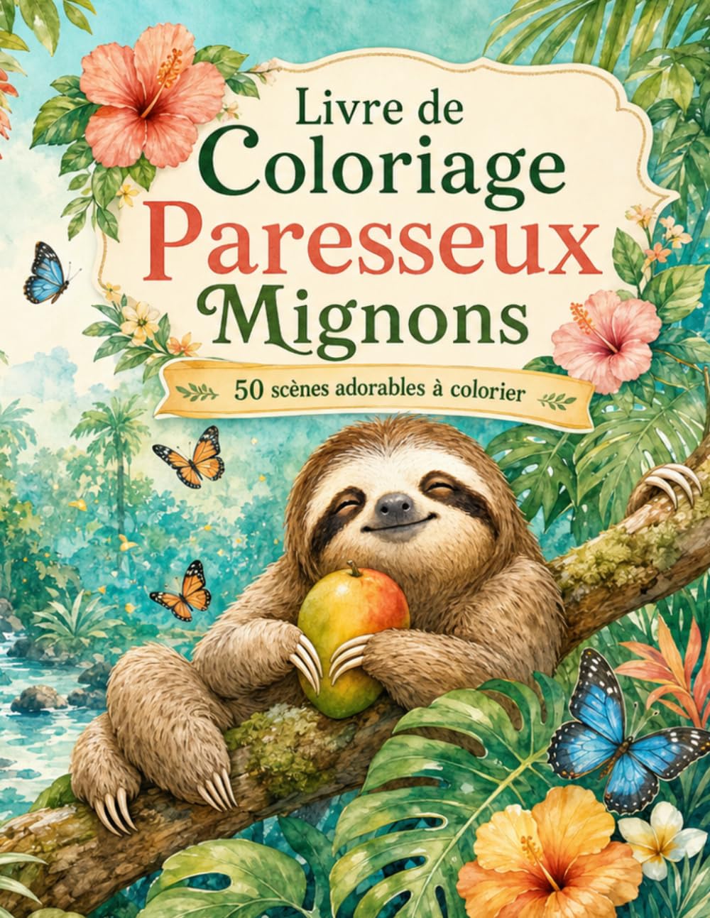 Livre de Coloriage Paresseux Mignons: 50 scènes kawaii aux gros traits pour détente et créativité