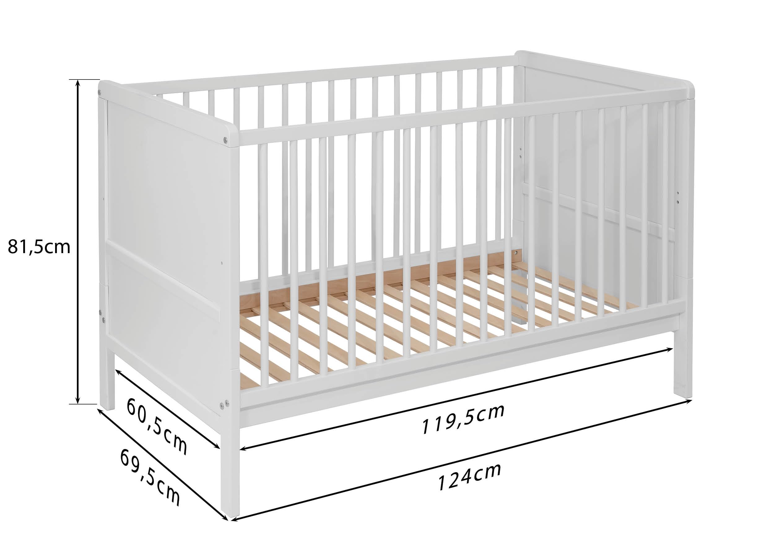 Lit bébé évolutif Nelly 120x60 cm – Bois de hêtre – Lit Junior Convertible – Sommier réglable – en 716 (Blanc)