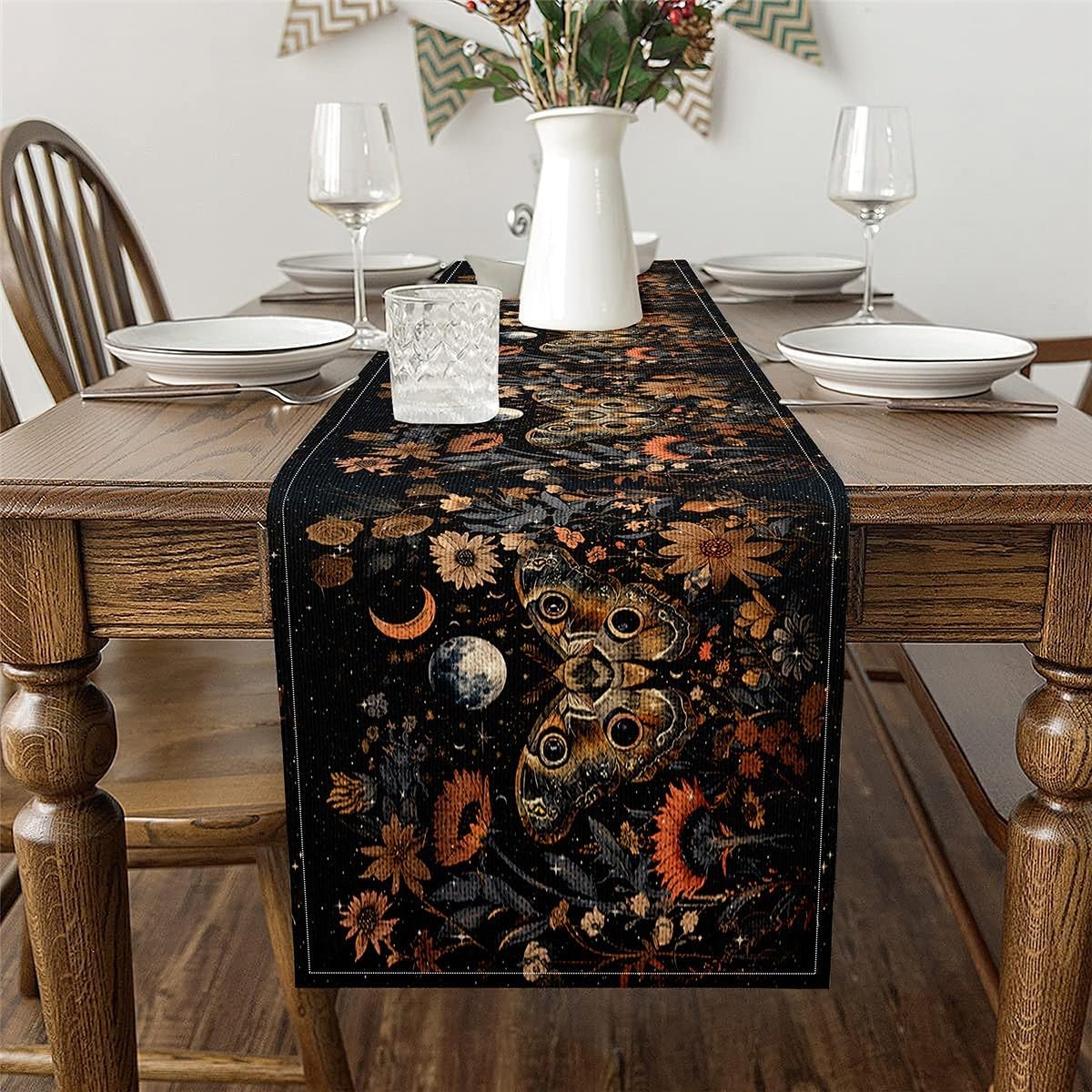 Erosebridal Gothic Moth Kids Table Runners Bohemian Mushroom Tabletop Decor for Boys Teens Adult Moon Butterfly Table Runner Exotic Boho Galaxy Dresser Scarf for Home Party Indoor, 13X120 Inch