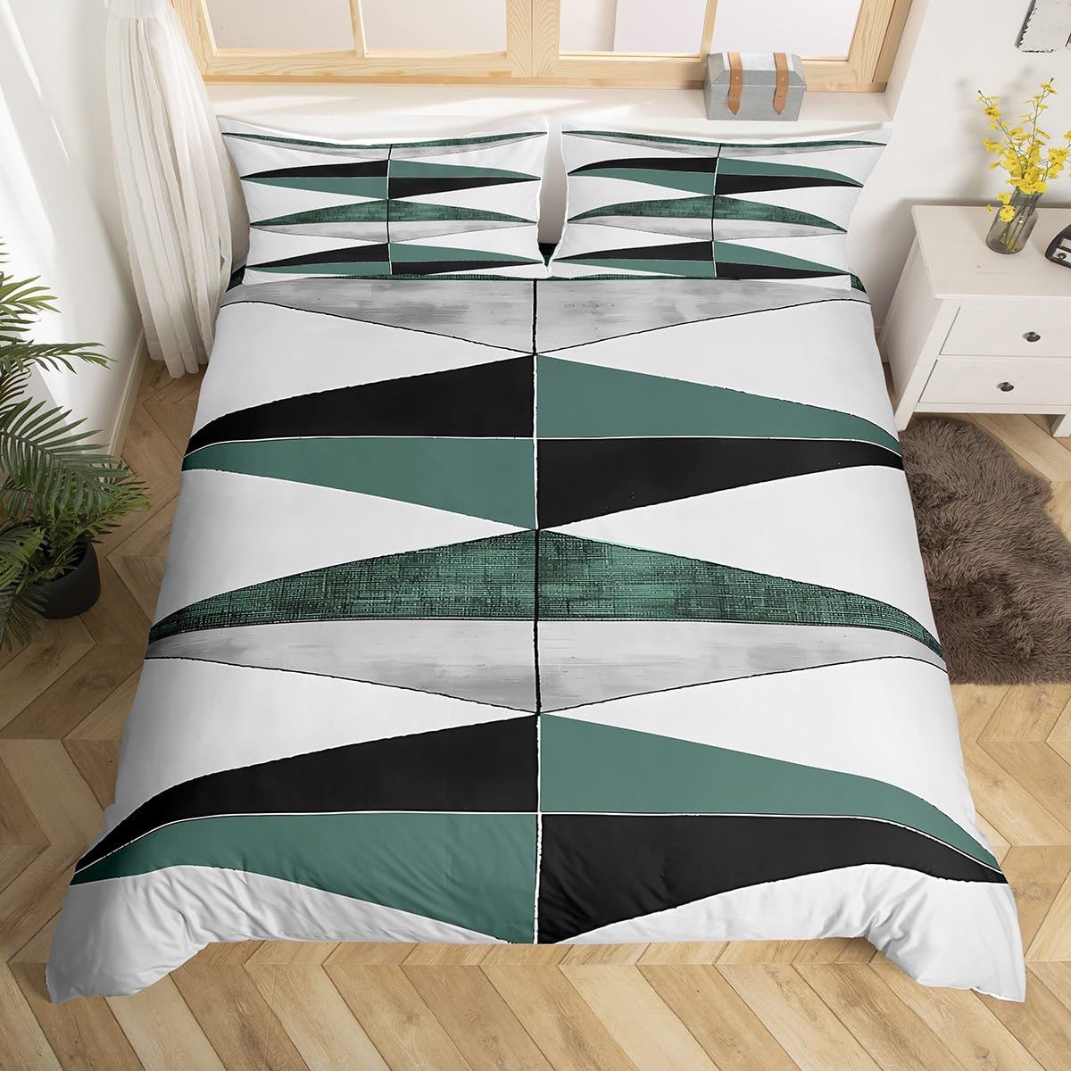 Moroccan Duvet Cover Toddler Size Geometric Comforter Cover for Girls Teens Bedroom Farmhouse Modern Black Green Decor Bedding Set Breathable Soft Lightweight Microfiber Women Men With 1 Pillow Case
