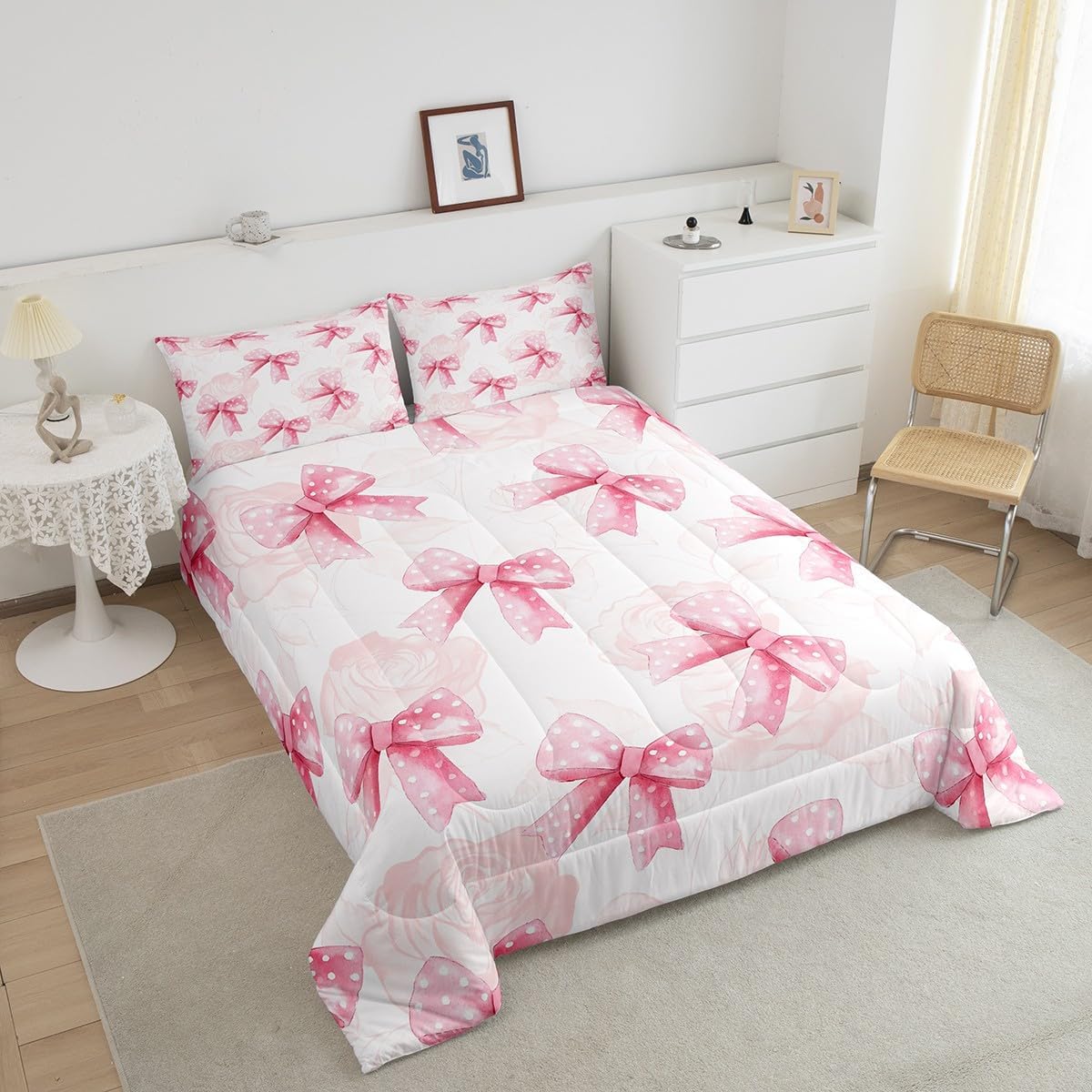Feelyou Kids Pink Bow Bedding Set Toddler Size, Cute Bowknot Comforter Set Boys Girls Romantic Rose Duvet Insert Teens Bedroom Decor Bed Set 2Pcs