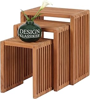 MR. DEKO Beistelltische 3er Set Teak Holz | Beistelltisch Outdoor Wetterfest | Balkontisch Klein Holz | Garten Beistelltisch-Set Teakholz | platzsparende Gartenmöbel 45x32x50 cm (BxTxH)