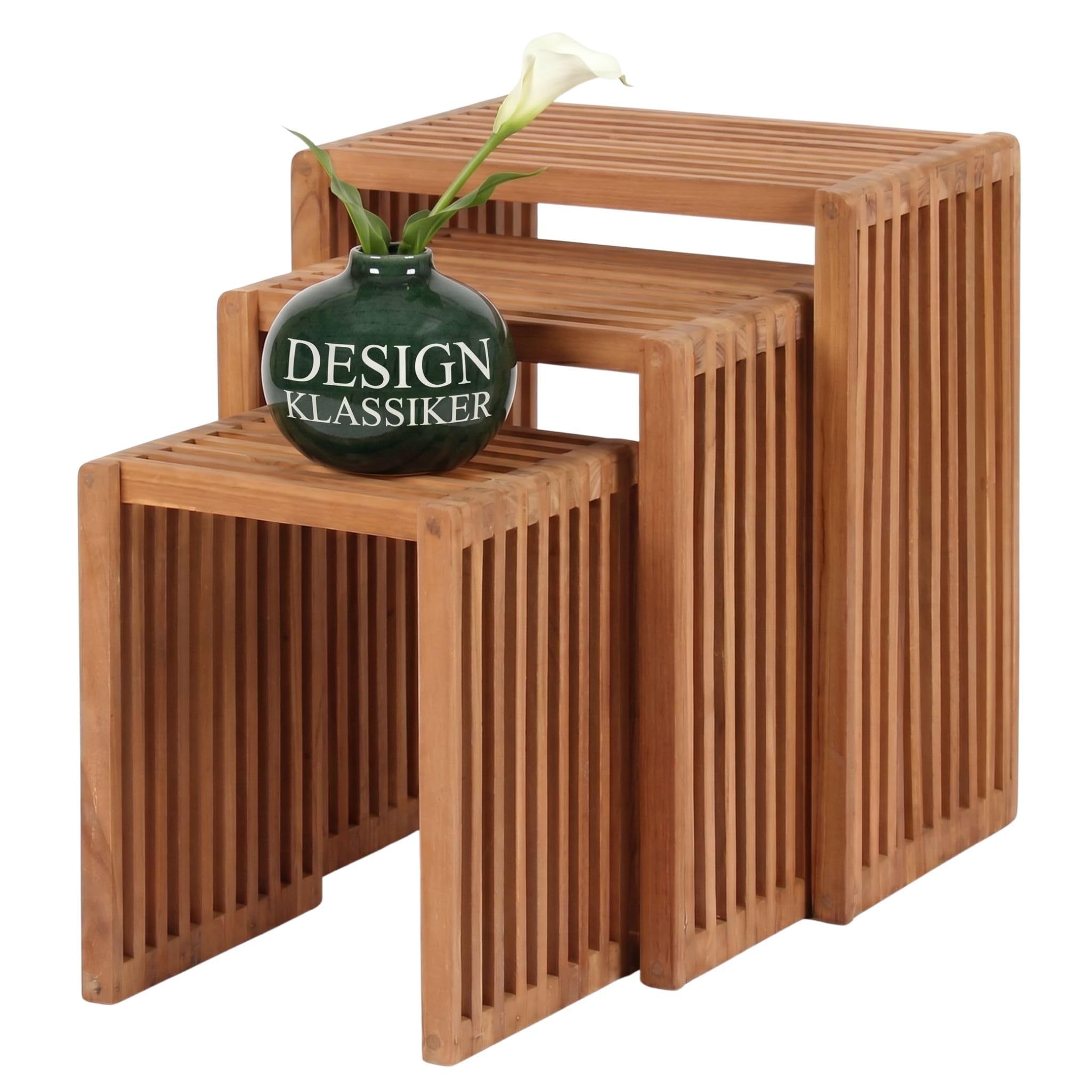 Mr. Deko teca – Mesas auxiliares (Juego de 3 – Mesa – Mesa de jardín – Rectangular – Apilable – Exterior Muebles – Madera de Teca – para balcón, terraza, jardín de invierno, Jardín