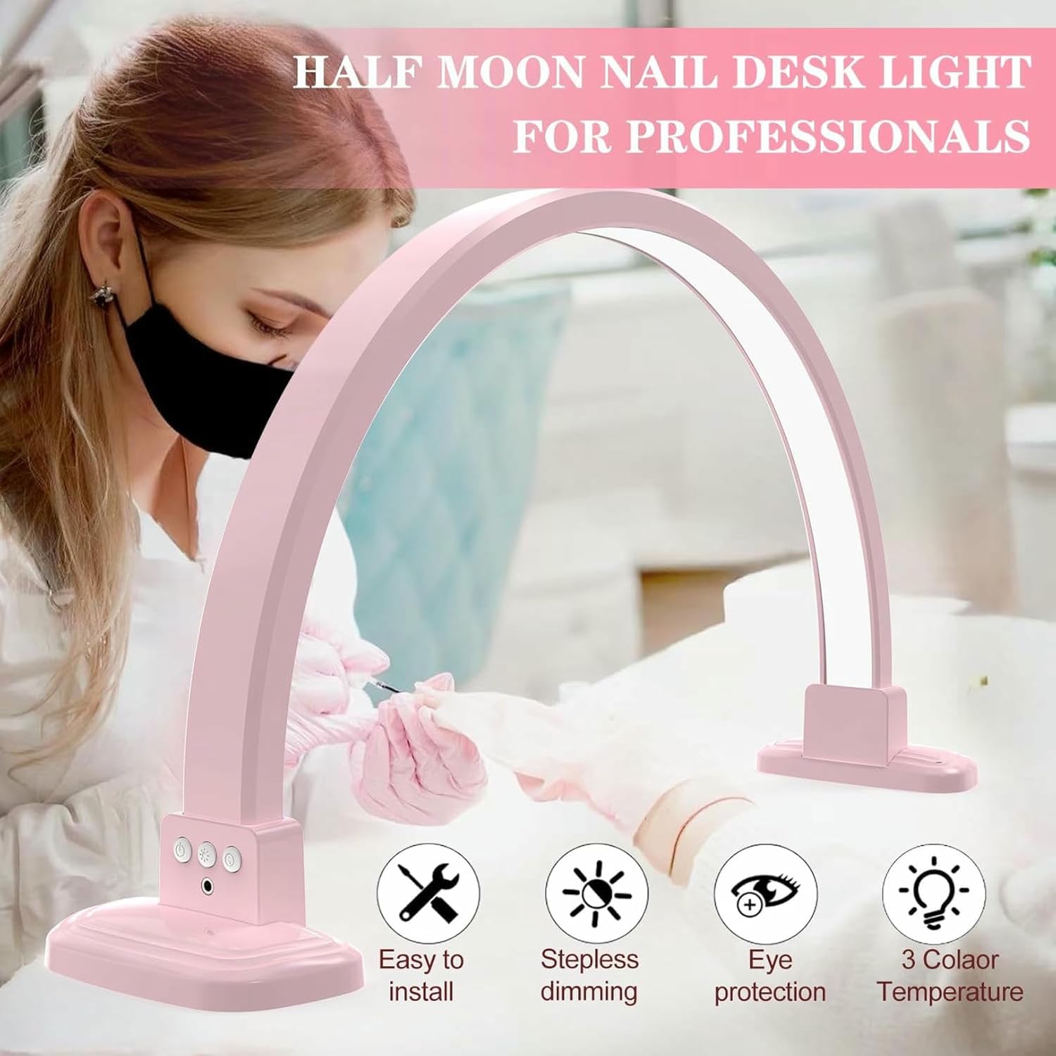 30Inch Nail Lamp for Desk, 45W Half Moon Light for Nail Desk, Large Nail Tech Lamp for Table with LED Bulbs, 3000K-6000K Dimmable 3 Color Temperature Nail Lights