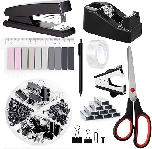Suministros de oficina, accesorios de escritorio, soporte de cinta, grapadora, tijera, removedor de grapas, caja de clips para carpeta, grapas,