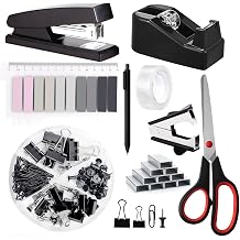 Office Supplies,Black Desk Accessories,Office Supplies Set,Stapler and Tape Dispenser Set,Scissors,Staple Remover,Binder Clips,Staples,Ballpoint Pen,Index Tabs with Ruler,Clear Tape.9pcs for Office