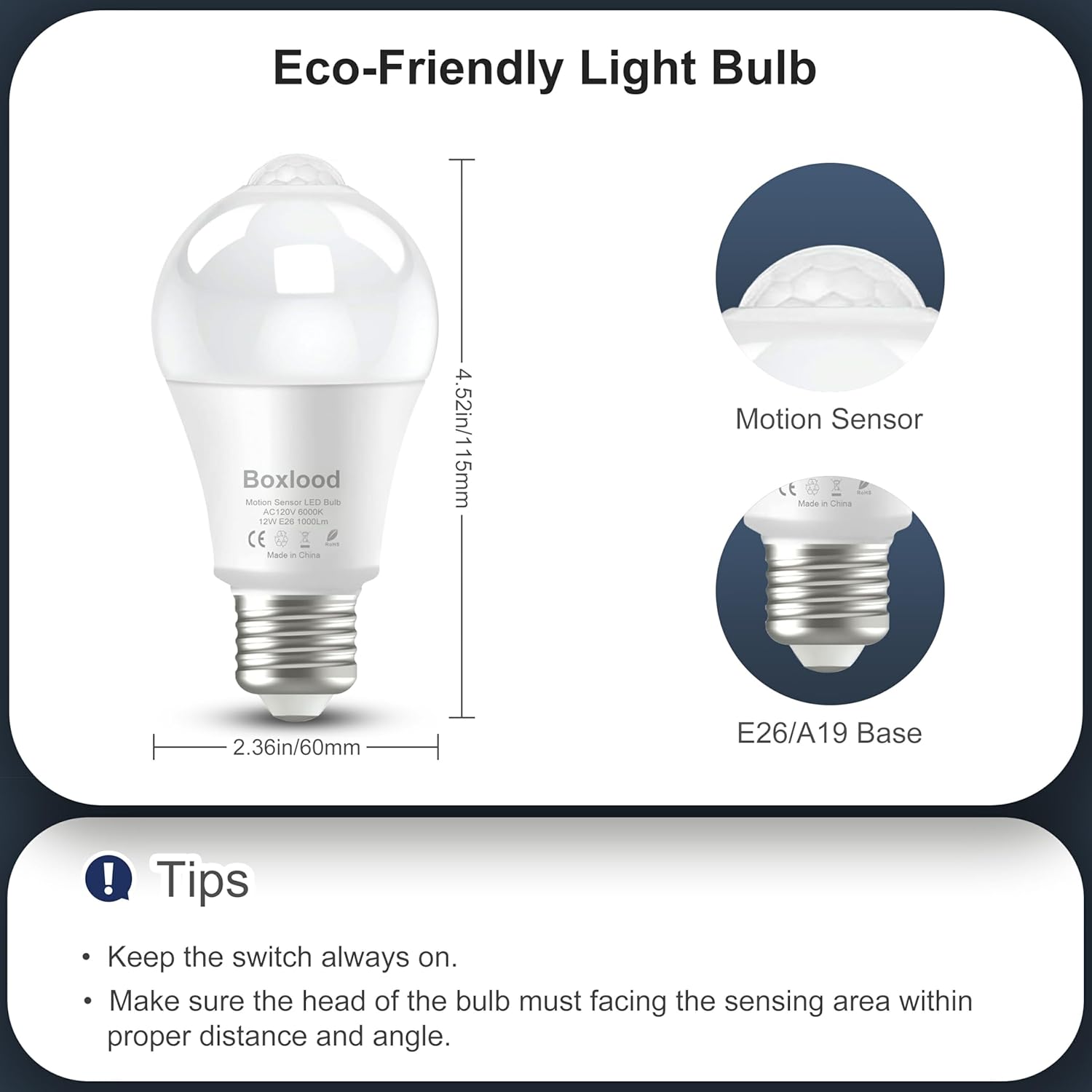 Motion Sensor Light Bulbs, 12W Motion Activated Dusk to Dawn Outdoor Light Bulb (100Watt Equivalent) A19 E26 6000K Cool White for Outdoor Indoor Front Door Porch Garage Basement Hallway, 3 Pack