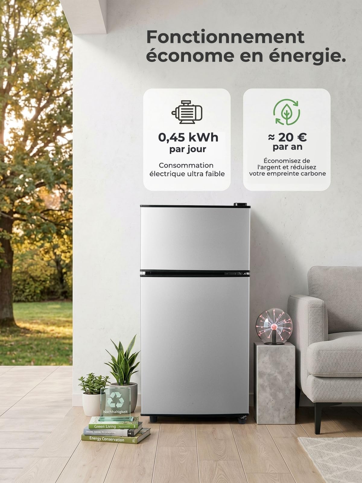 FOHERE Mini Réfrigérateur avec Congélateur 76L, Petit Frigo Silencieux 2 Portes (50L+26L) pour Chambre Universitaire et Studio, Mini Bar Autonome Économe en Énergie pour Boisson et Glaçons, 43dB