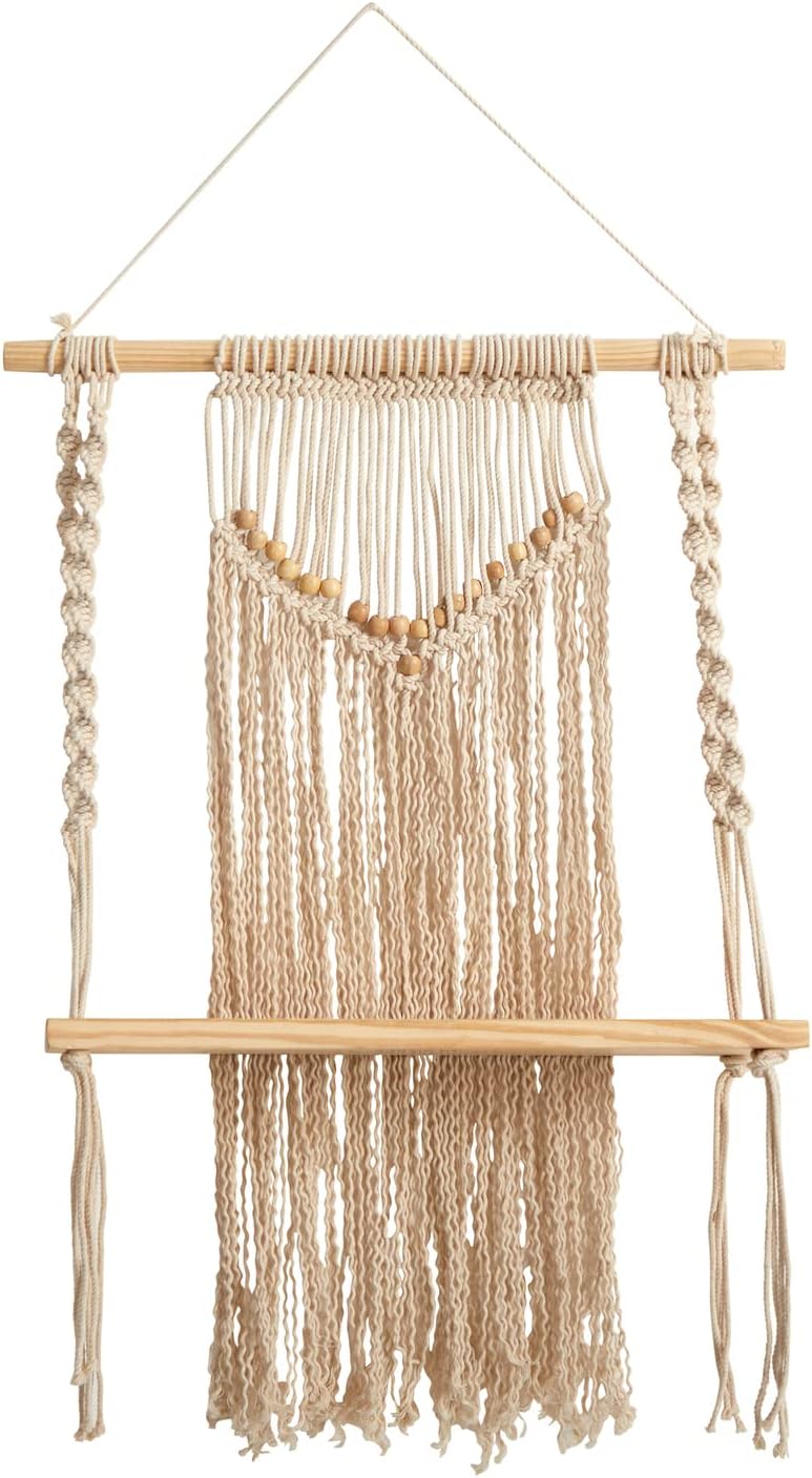Nearly Natural 24in. Boho Chic Wood Macrame Single Shelf Woven Beads Wall Art Décor
