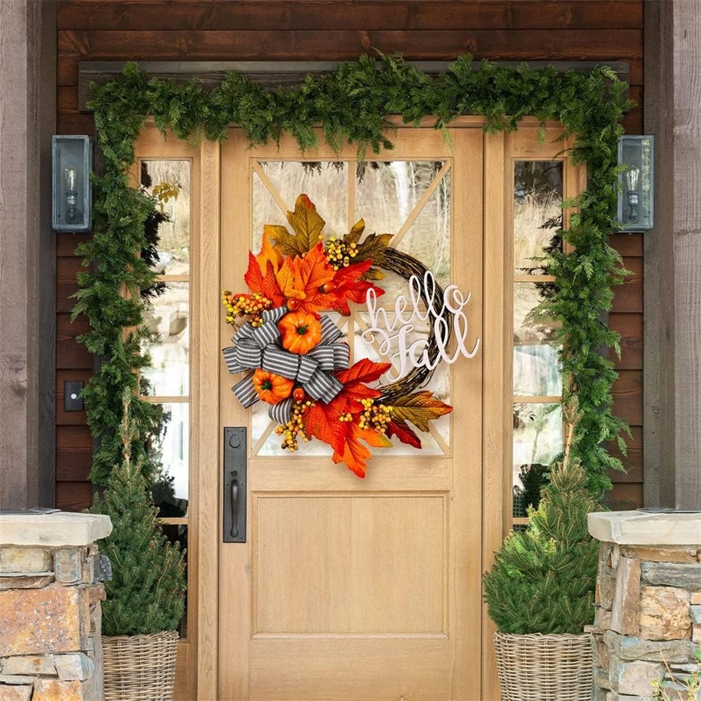 15/20 inch Fall Door Wreath Autumn Maple Leaf Pinecone Harvest Garland for Home Decor Front(E)