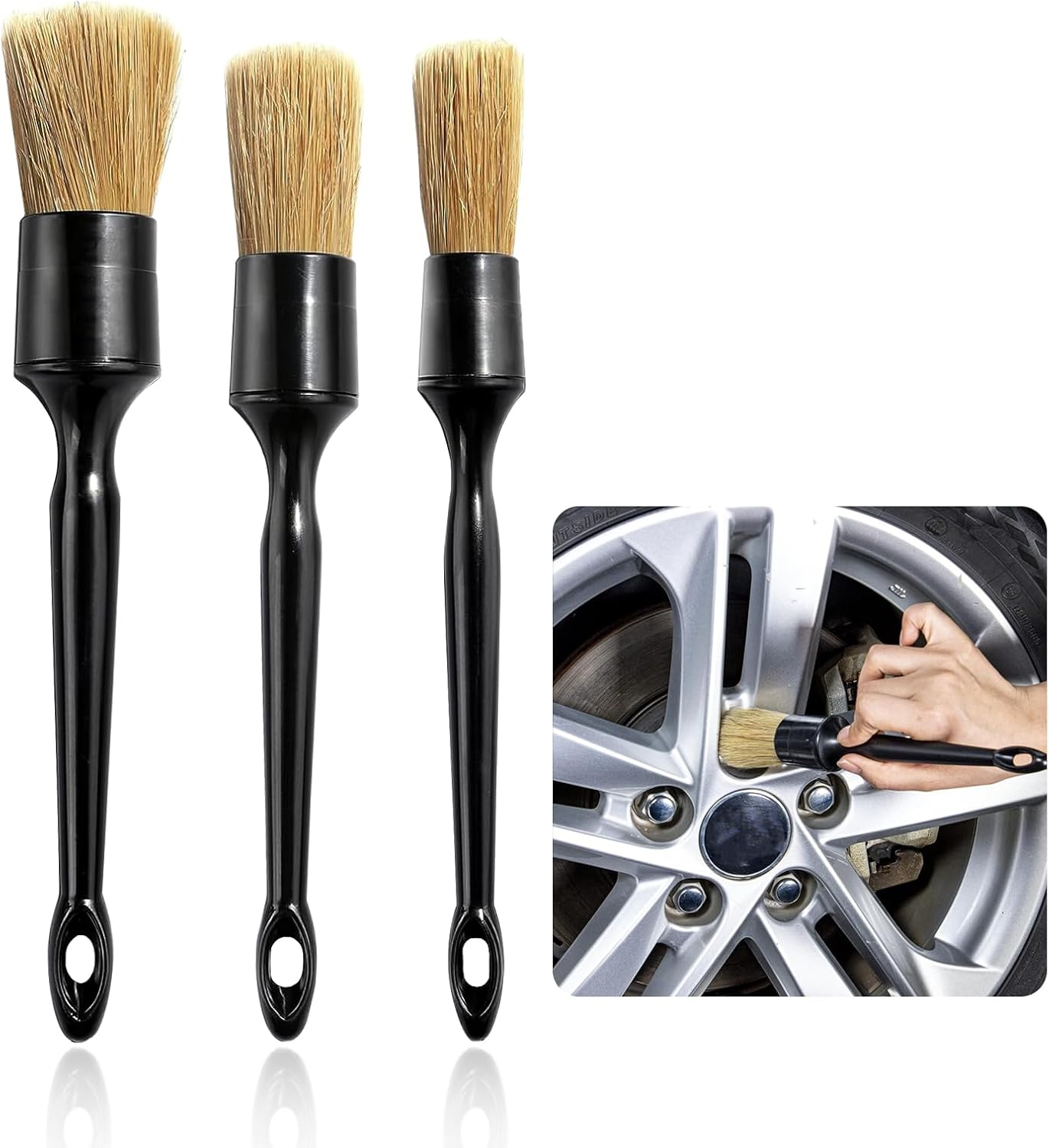 Ziciner 3PCS Car Detailing Brush Set, Premium Natural Boar
