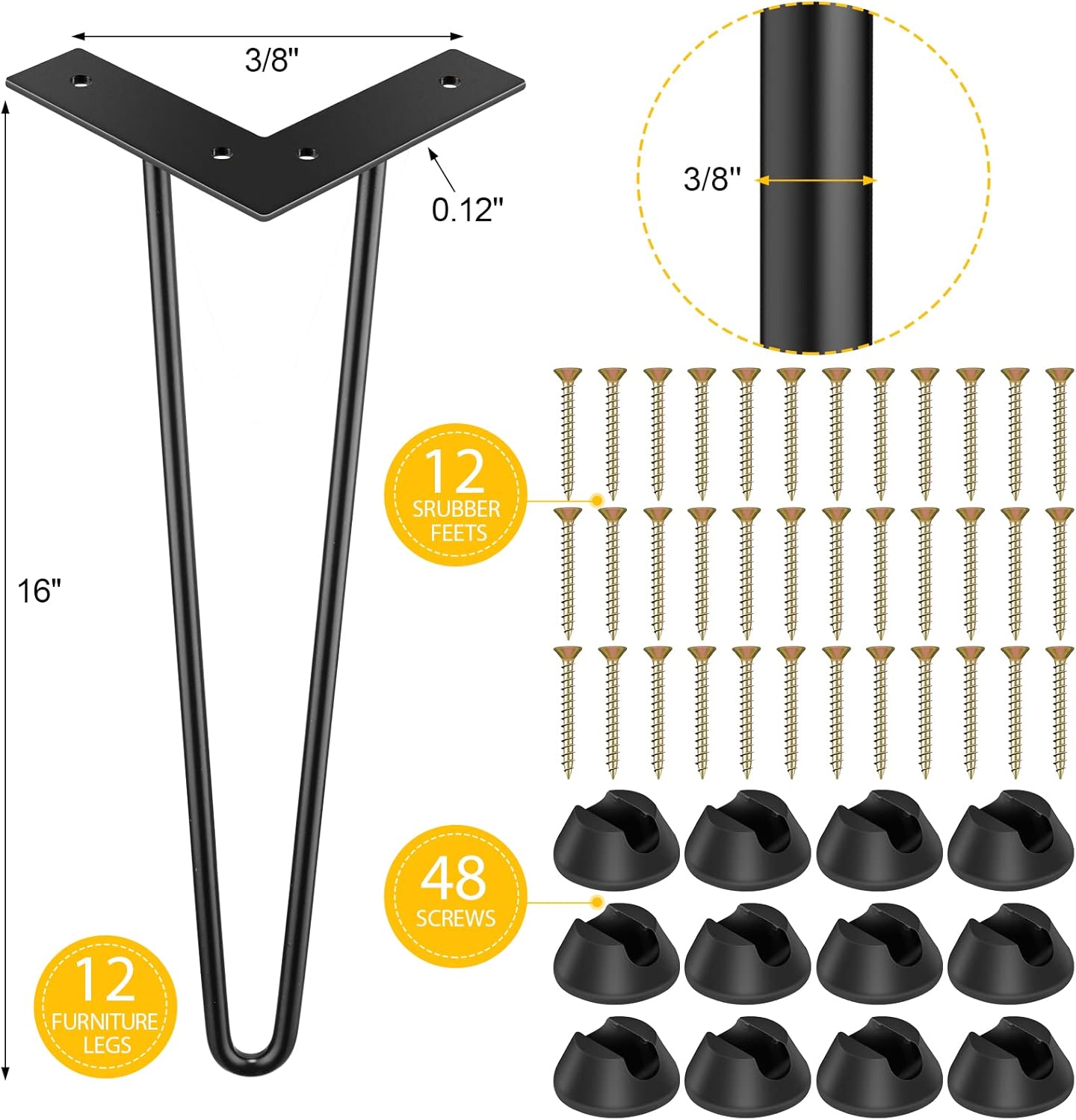Reginary 12 Pack Hairpin Legs 16 Inch Metal Table Legs Heavy Duty Desk Furniture Coffee Table DIY Projects for Cabinet, Wardrobe, Drawers, Nightstand, Bench with Floor Protectors and Screws