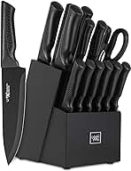 Knife Set, 15 Pcs Kitchen Knife Set with Block Self Sharpening, Dishwasher Safe, 6 Steak Knives, Anti-slip handle, Black