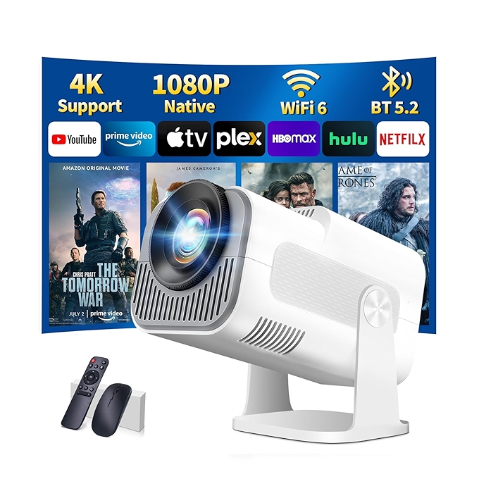 迷你投影仪1080P全高清，支持4K，便携式WiFi 6与蓝牙5.2，具备自动梯形校正与HDMI/USB连接，180°旋转设计，白色款