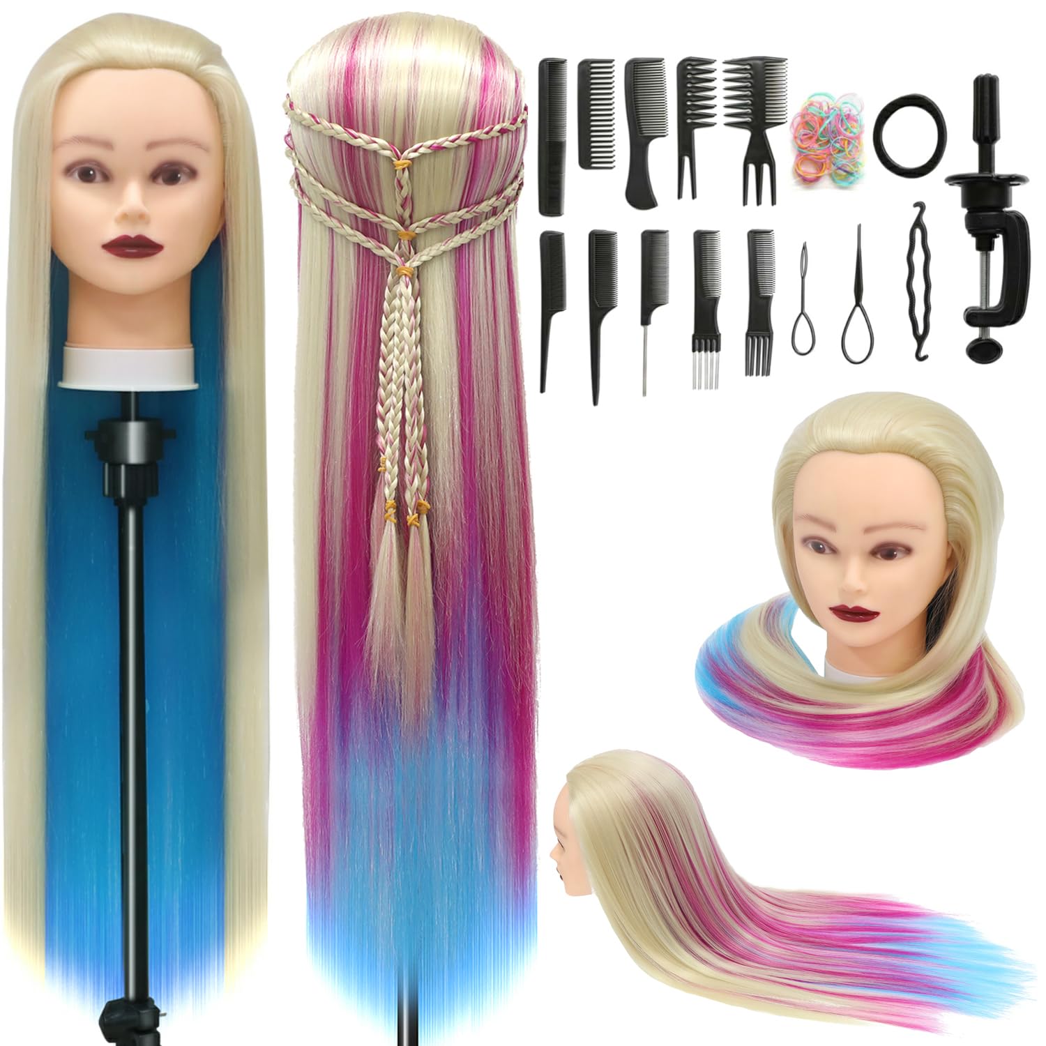 Trainingsköpfe, 28 inch Übungskopf Frisierkopf Friseur 100% Synthetikfaser-Haar Styling Kopf Frisierkopf für Frisöre mit kostenloser Klemme und DIY Flechtset (Bunt)