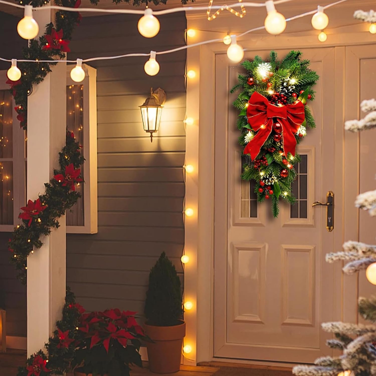 2Pack Pre-Lit Christmas Teardrop Swags, 24 inch Christmas Stair Swags with Bowknot, Red Berries and Pinecone, Winter Pine Needles Swag for Front Door Wall Window Home Xmas Decor