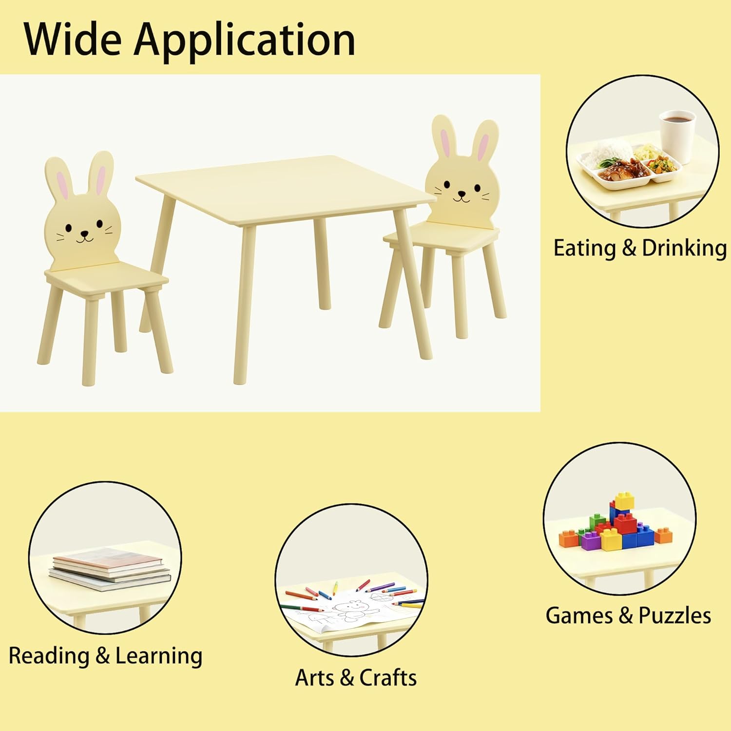 3 Piece Kids Table and Chairs Set, Wooden Toddler Desk with Bunny Backrest, Activity Play Table Set for Study, Drawing, Play, Boys & Girls Gift for Ages 2+, Cream Yellow