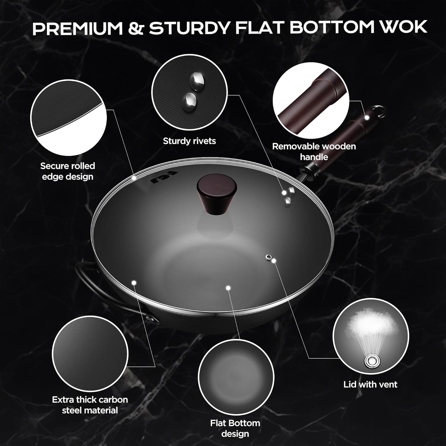 Wok, 13 Inch carbon steel wok pan with steamer & stir-fry pans nonstick, Pre-Seasoned 5.8QT Flat Bottom Chinese Woks Paella Pan with lid, Carbon Steel Cookware, Compatible with All Cooktops - Image 6