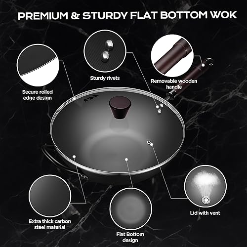 Miniatura 6 de FGJ Wok, wok de 13 pulgadas de acero al carbono con vaporera y sartenes para saltear sin adherencia, woks chinos pre-curados de 5.8QT de fondo plano