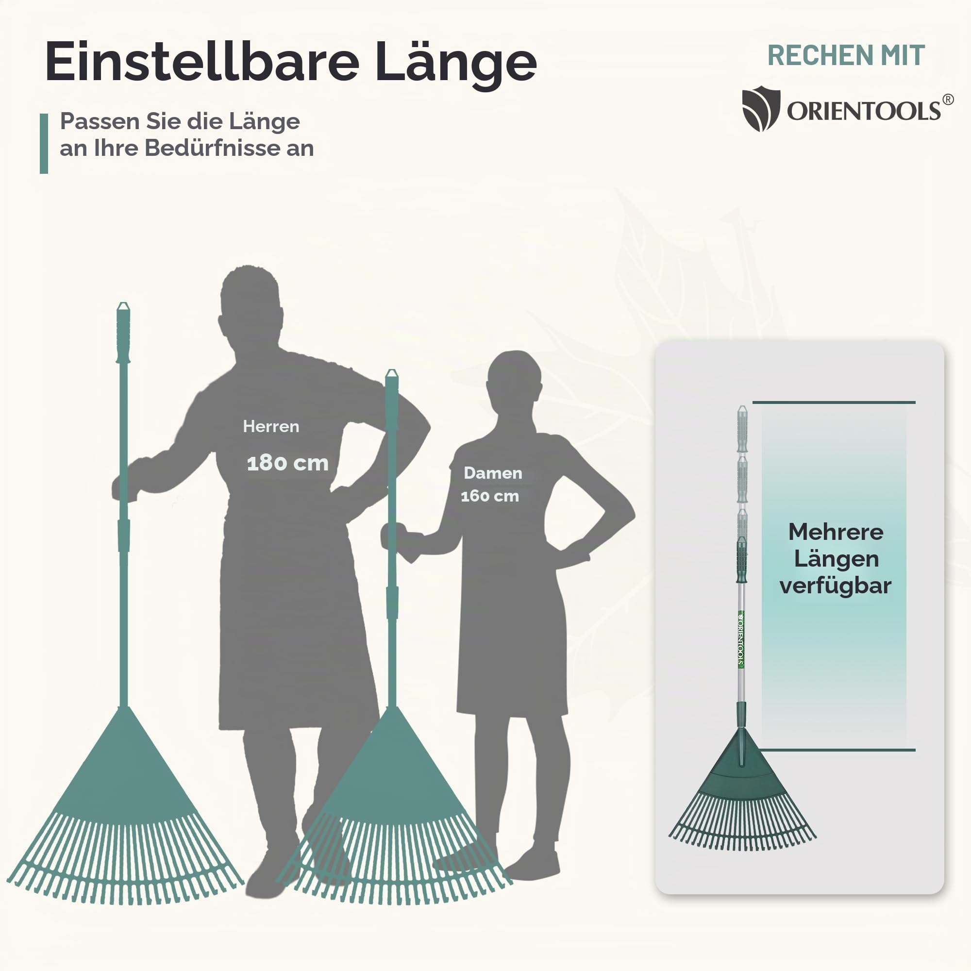 ORIENTOOLS Garten Laubrechen, Garten Rechen für Rasen Laub mit verstellbarem Griff 120 bis 165 cm Rechen, 26 Starke Zinken Kunststoff Kopf Strauch Rechen, Landschaftsbesen für Rasen und Blätter