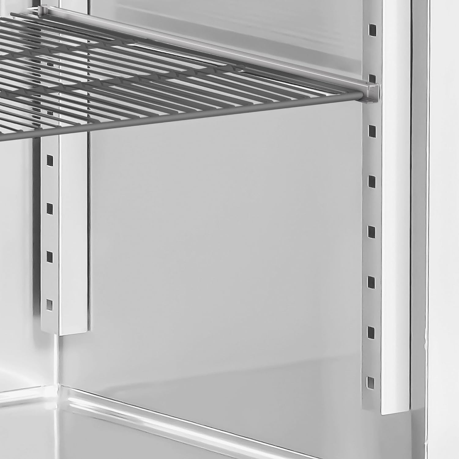 Close-up of the interior shelf and rail system in the freezer