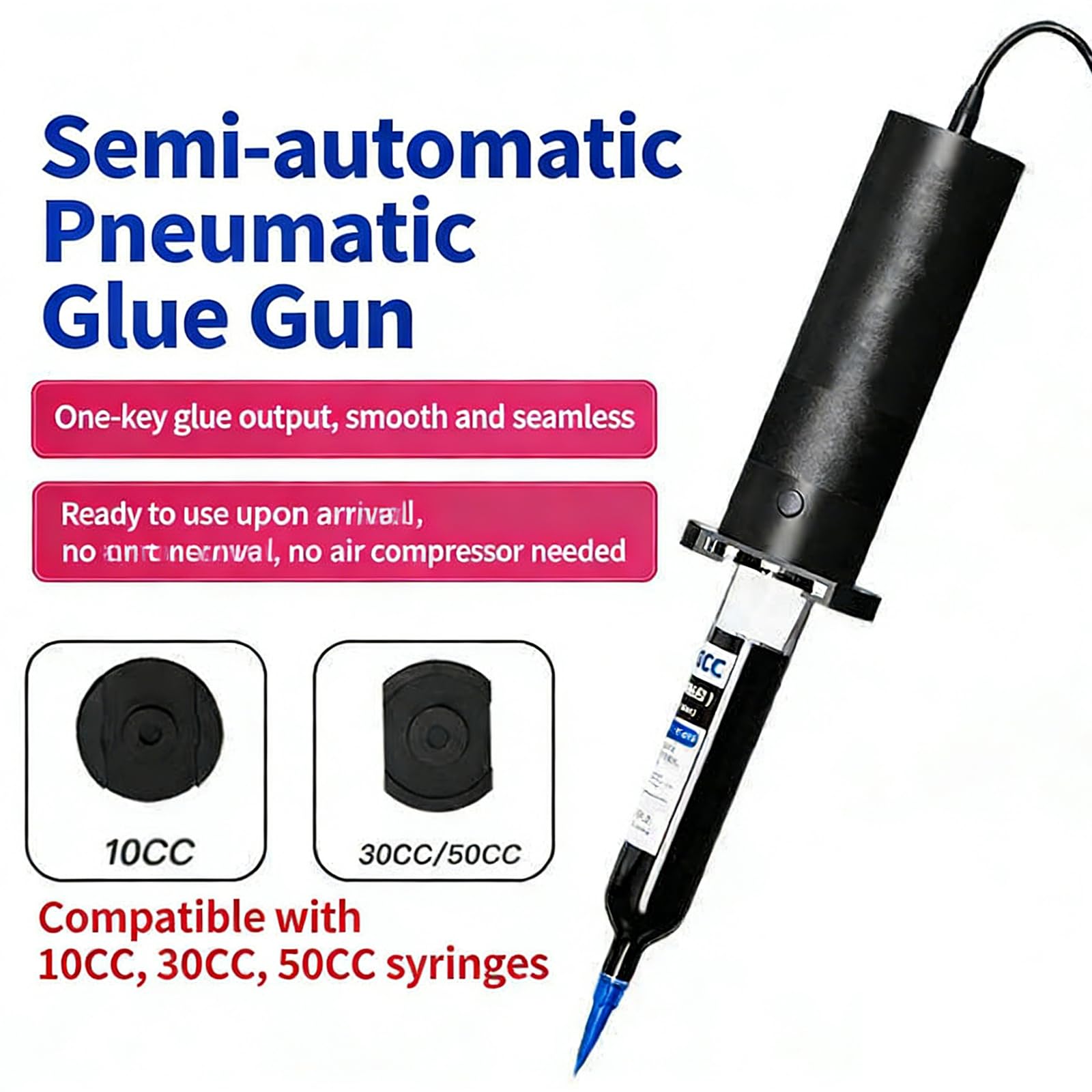 Pneumatyczny dozownik kleju, elektryczny pistolet do klejenia do kleju UV i oleju lutowniczego, dozowanie jednym przyciskiem, kompatybilny z wtryskiwaczami 10 cm³, 30 cm³ i 50 cm³