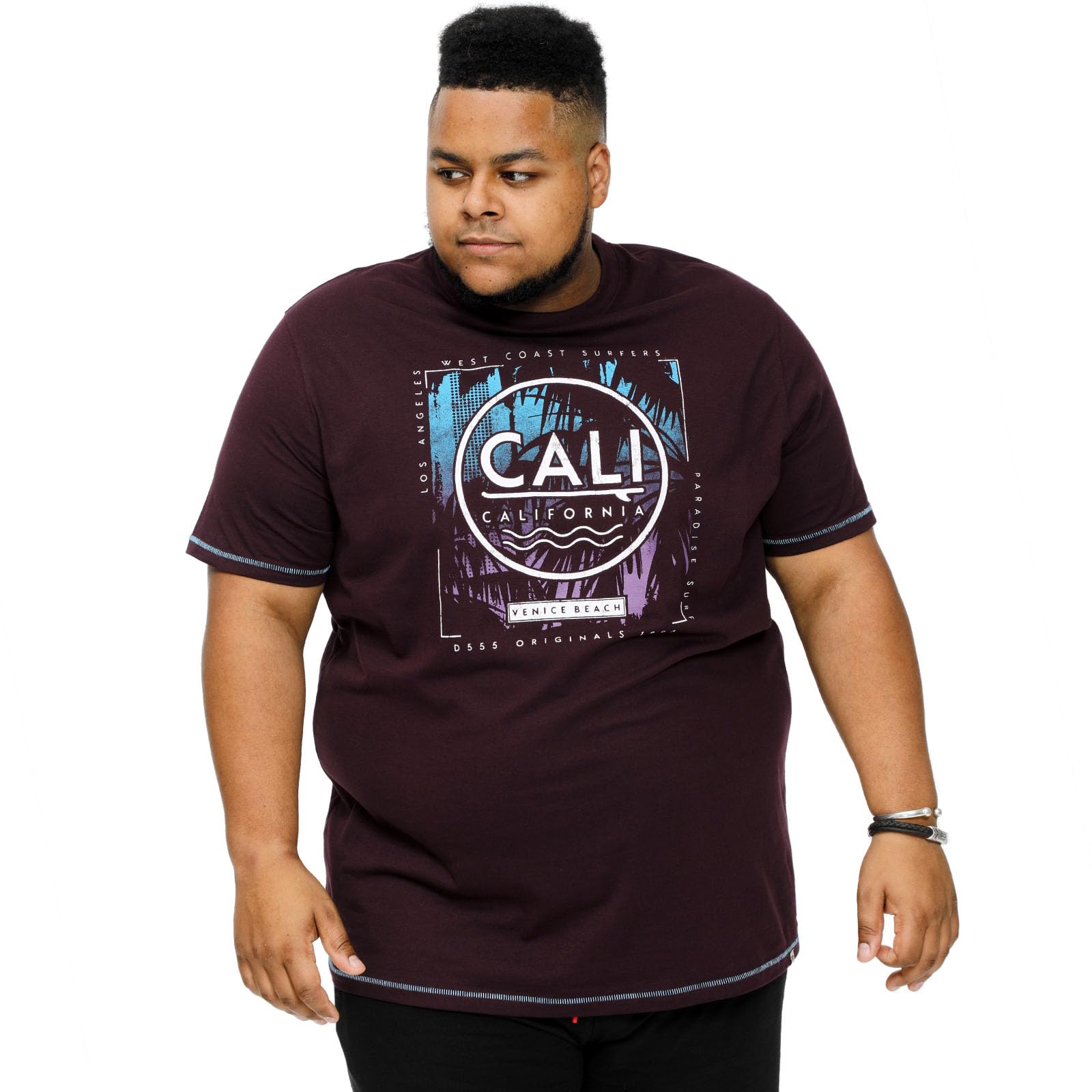 D555Mens Nova Big Tall Cali Surf Print Short Sleeve T-Shirt Top - Plum