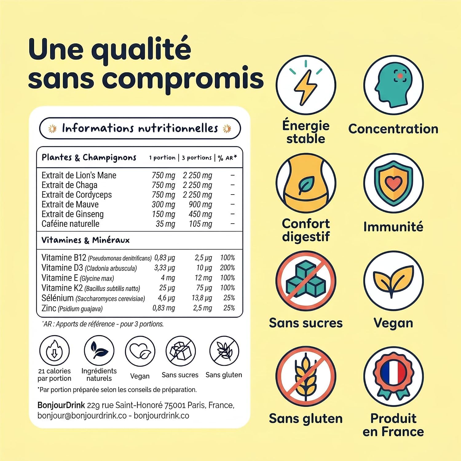 BONJOUR – Boisson Cacao aux Champignons Lion's Mane, Chaga, Cordyceps, Plantes Adaptogènes Ginseng et Vitamines B12, D3, E, K2–Zinc, Sélénium, Fibres, Sans Sucres, Vegan–Fabriqué en France–45 Portions