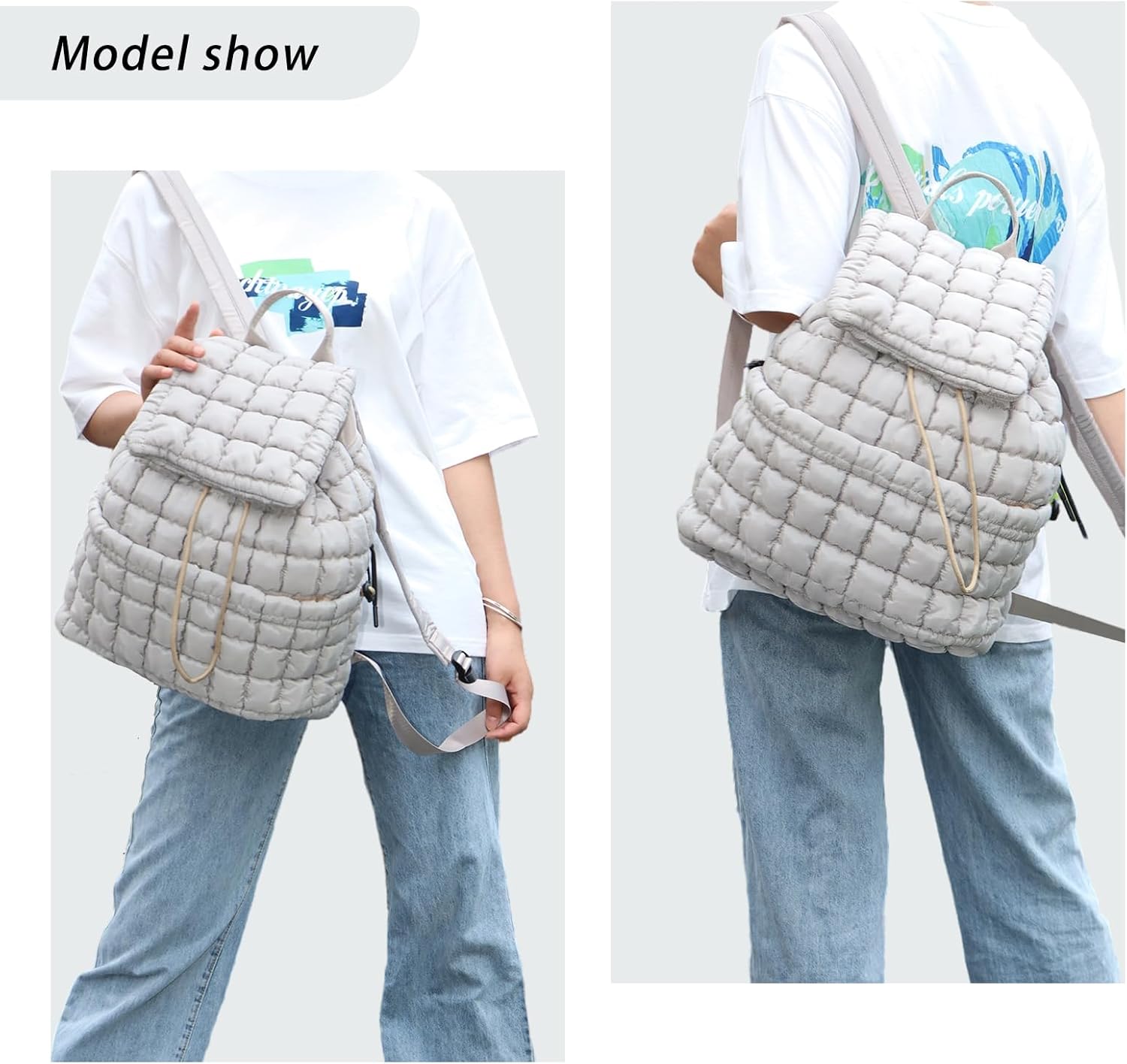 GOKTOW Quilted Backpack for Women, Puffer Gym Bag for Travel Sports Lightweight Drawstring,Khaki - Image 6