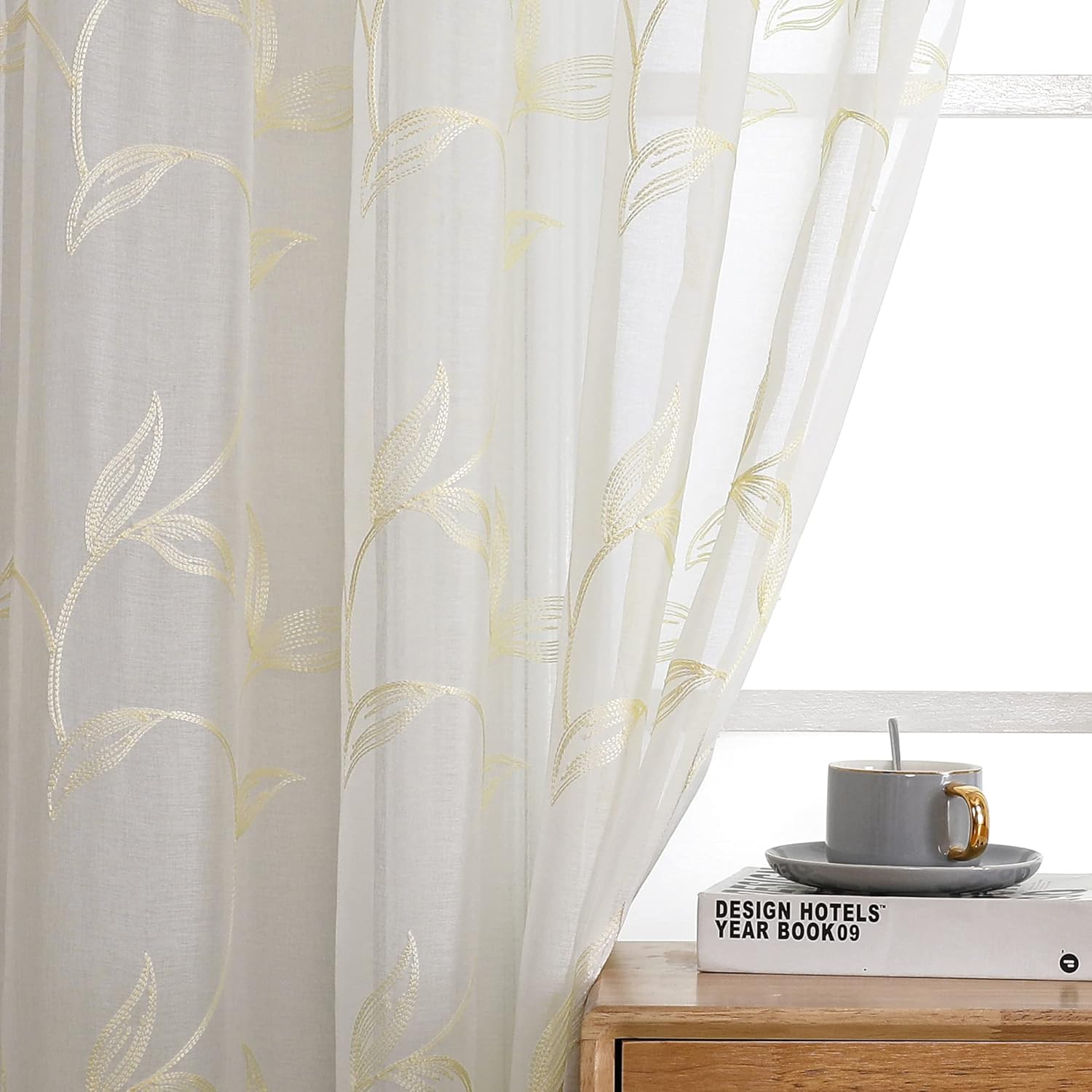 VISIONTEX Sheer Curtains 108 Inches Long 2 Panels Set Cream Beige Embroidered Floral Leaf Pattern Rod Pocket Semi Sheer Voile Window Curtains/Drapes for Bedroom Living Room 54 x 108 Inches