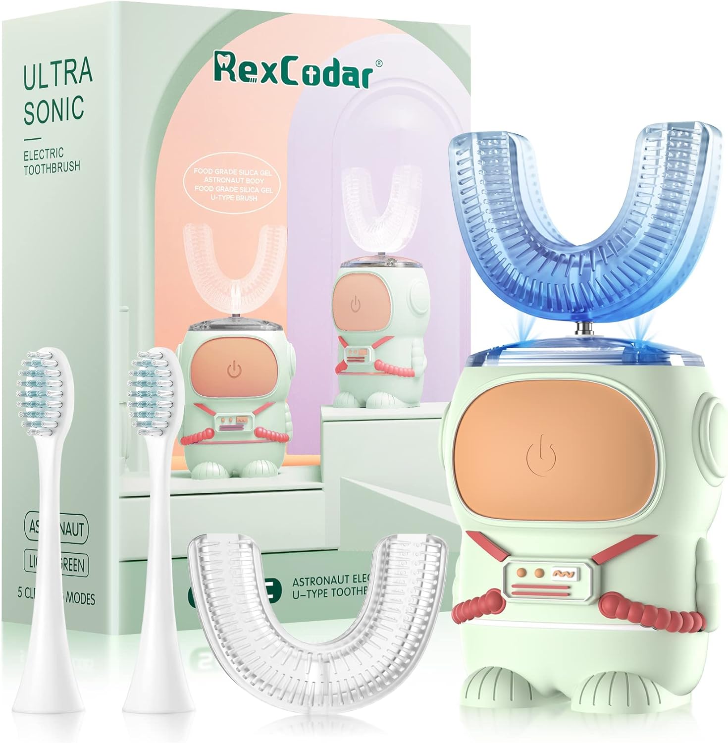 RexCodar Ultrasonic Kid's U-Shaped Electric Toothbrush, IPX7 Waterproof, Five Cleaning Modes,Cartoon Astronaut, 60S Smart Reminder (6-12 Age (Blue))