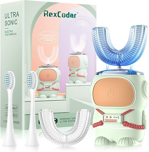 Miniatura 2 de RexCodar Cepillo de dientes eléctrico ultrasónico en forma de U para niños, IPX7 impermeable, cinco modos de limpieza, astronauta de dibujos Verde